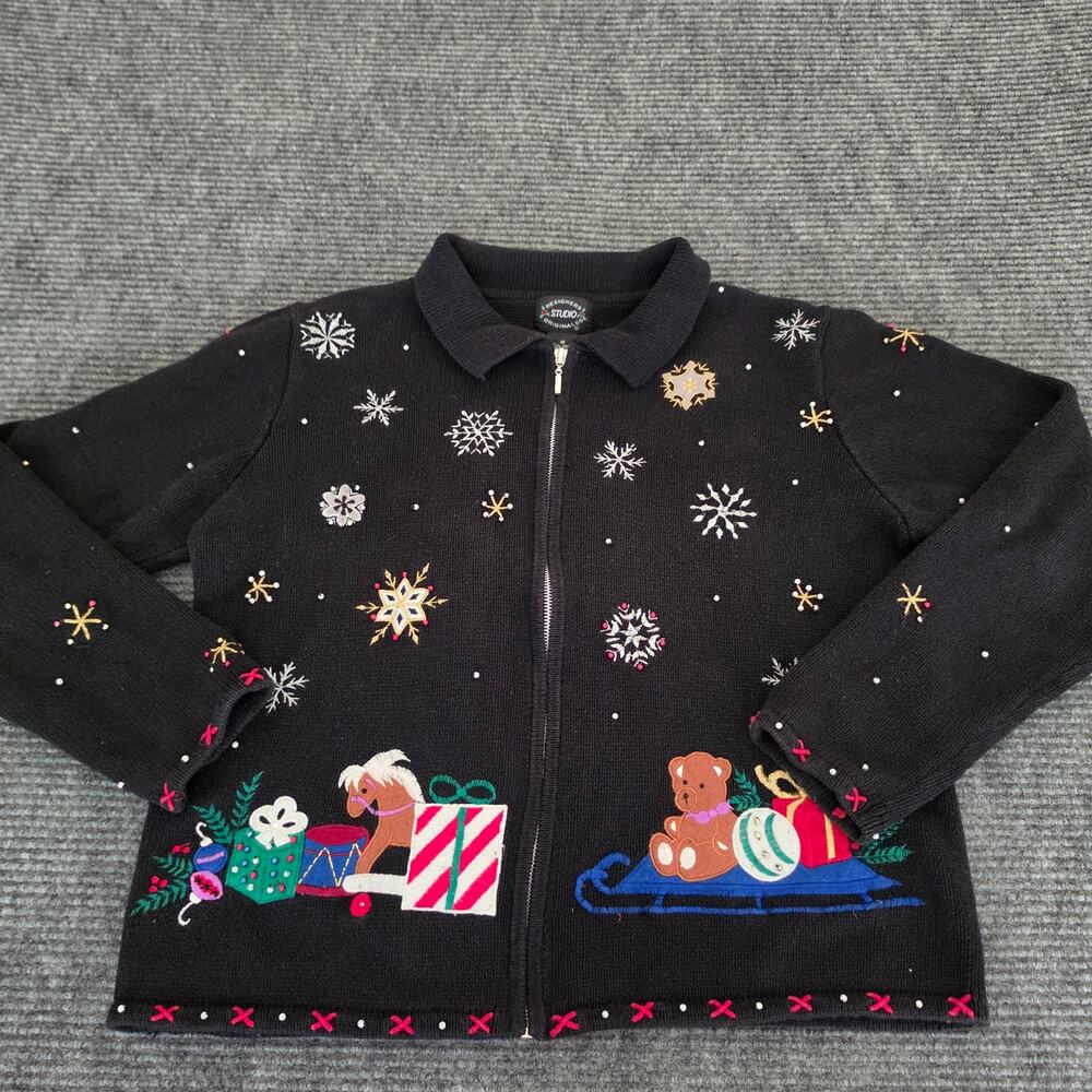 Designers Originals Studio Medium Christmas Santa Black Full Zip Beaded Cardigan - Picture 3 of 8